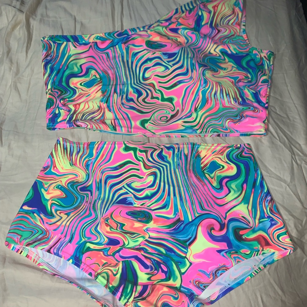 Coquetryclothing clothing high waisted shorts and one shoulder crop top set